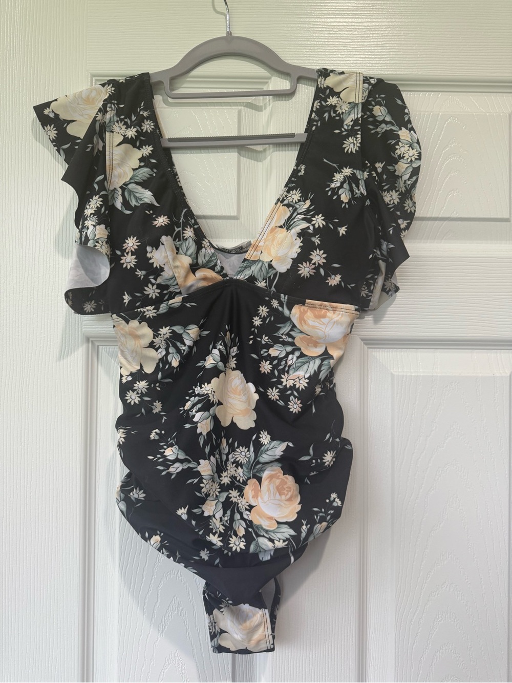 Maternity Floral V-Neck Black Swimwear with Flutter Sleeves